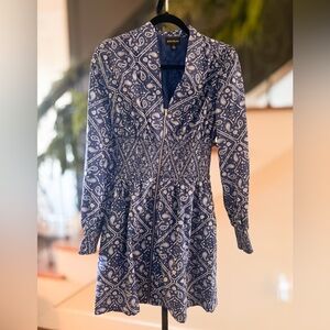 💙 Sugarlips Blue Paisley Smocked Waist Long Sleeve Mini Dress